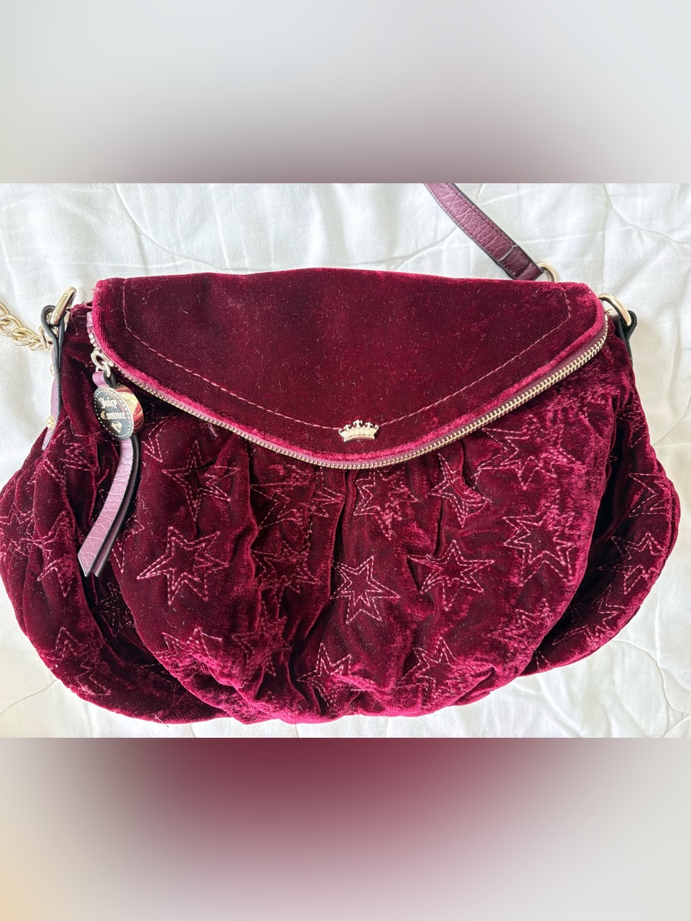 Juicy Couture Burgundy Velour Star-Embossed Shoulder Bag with Gold Crown Accent